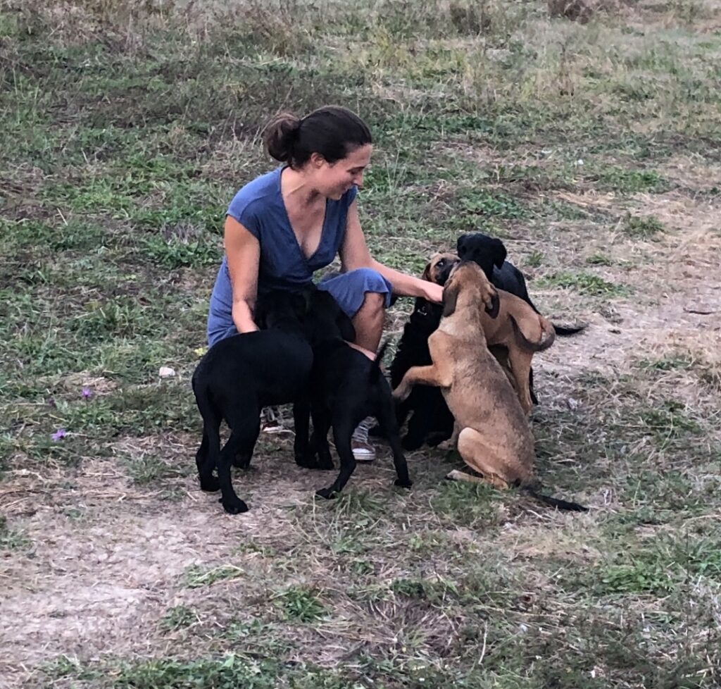 photo d'une bénévole avec des chiots désormais adoptés